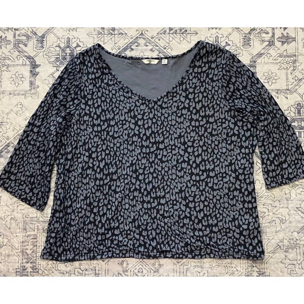 Liz Claiborne 2X Black Gray Leopard Print 3/4 Sleeve‎ Top V-Neck Lined Stretch